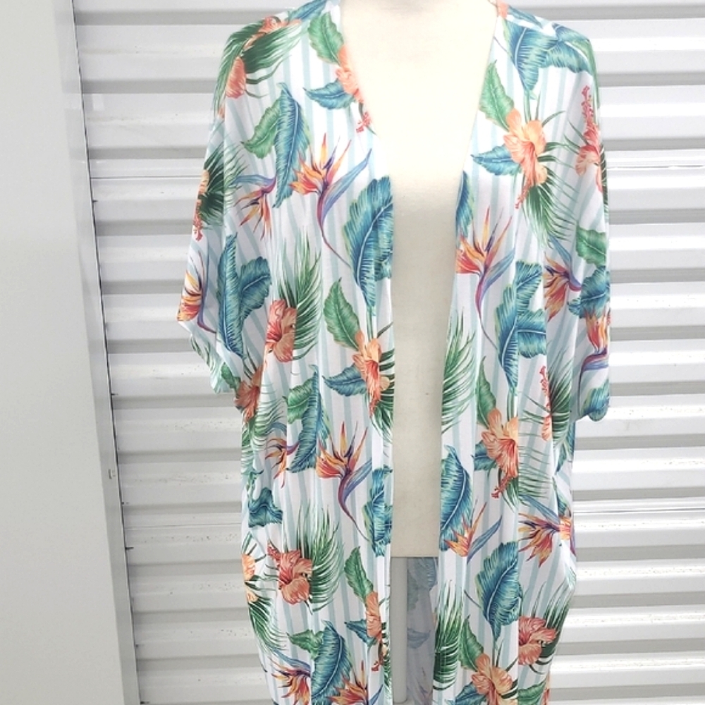 Floral Kimono Cardigan Open Front Hibiscus Bird Of Paradise Print Wrap White